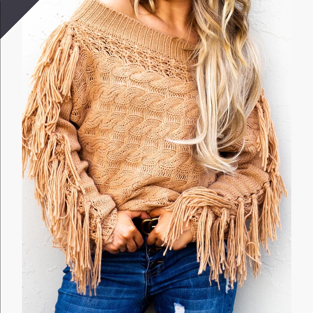 Medium Khaki ANDTHEWHY off shoulder fringe sweater